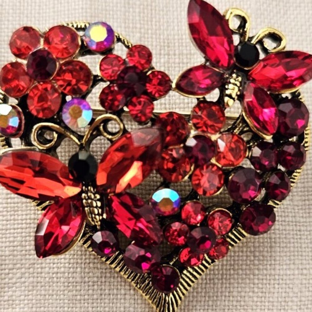 Red Rhinestone Heart & Butterflies Pin - Picture 2 of 4